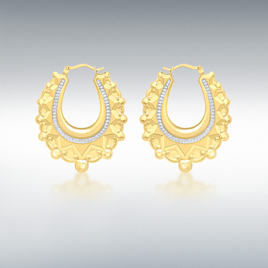 18ct 2-Tone Gold 31mm x 37mm Hollow Patterned Creole Earrings
