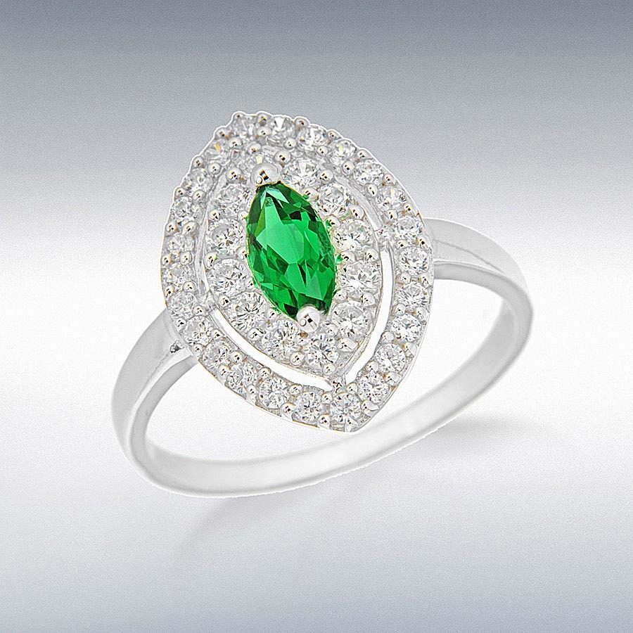 Sterling Silver Rhodium Plated White CZ and Green Marquise Glass Elliptic Ring