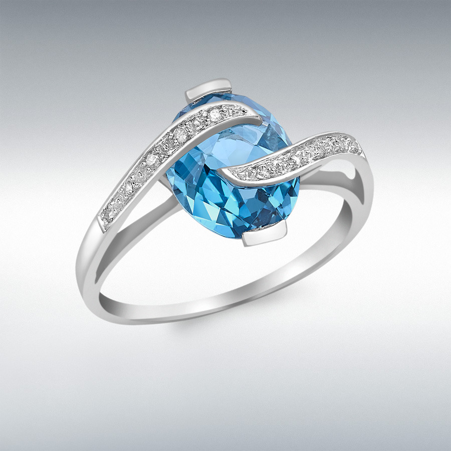 9ct White Gold 0.04ct Diamond Wave and Blue Topaz Ring