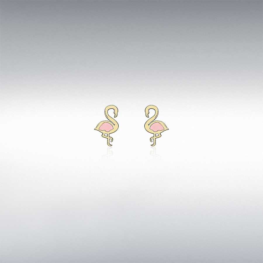 9ct Yellow Gold 5mm x 8mm Pink Enamel Flamingo Stud Earrings