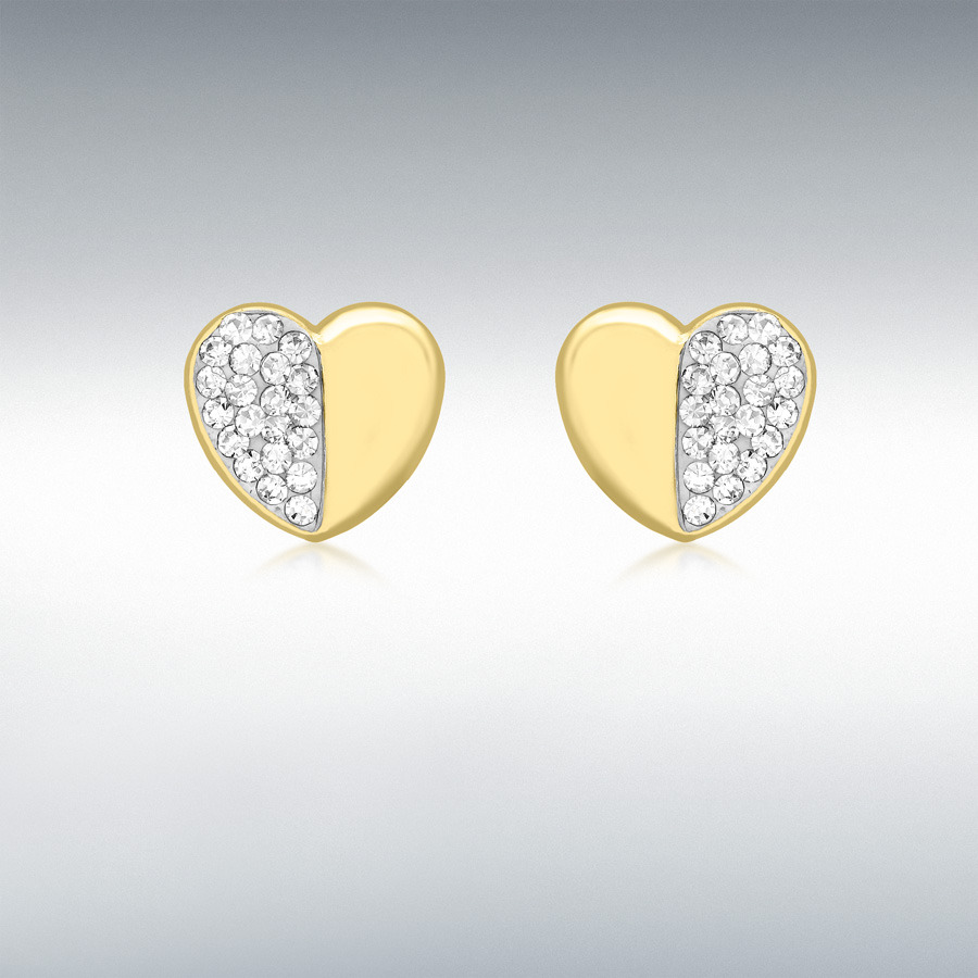 9ct Yellow Gold CZ Half-Pave Set 8mm x 7mm Heart Stud Earrings