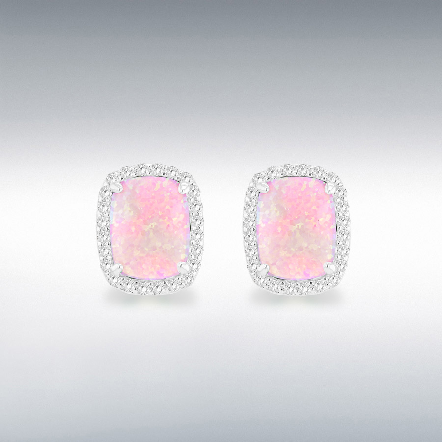Sterling Silver Rhodium Plated Rectangle Synthetic Pink Opal and White CZ 8.5mm x 10mm Halo Stud Earrings