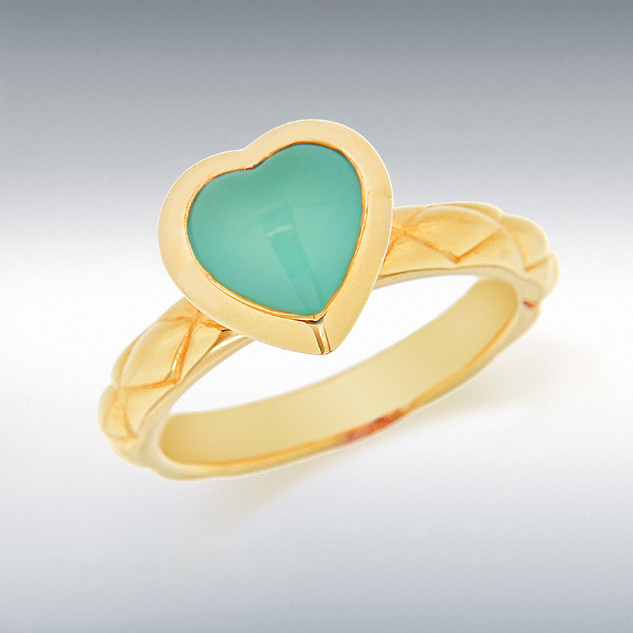 Sterling Silver Yellow Gold Plated Turquoise Opaque Glass Heart Patterned Stacking Ring