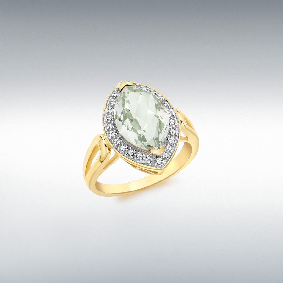 9ct Yellow Gold 0.15ct Diamond and Marquise Green Amethyst Ring