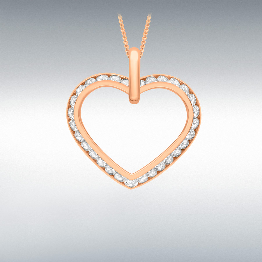 9ct Rose Gold Channel Set CZ 22mm x 23mm Outline Heart Pendant