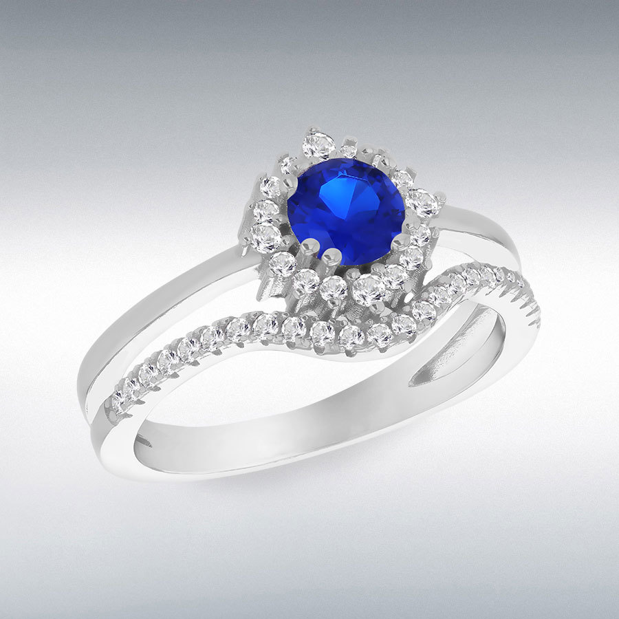 Sterling Silver Rhodium Plated Blue and White CZ Double Band Ring
