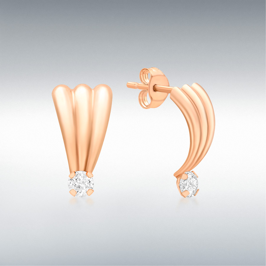 9ct Rose Gold Fan and 3mm CZ 7mm x 13mm Stud Earrings 