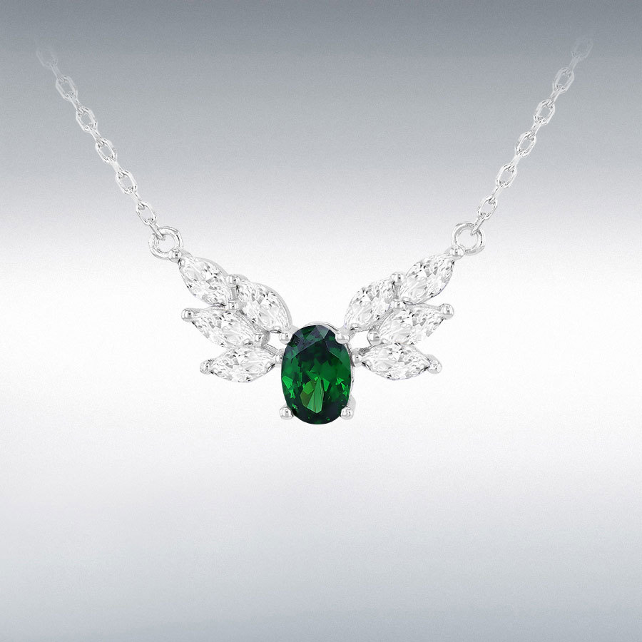 Sterling Silver Rhodium Plated 5x7mm Green Oval CZ and White Marquise CZ Necklet 42cm/16.5" - 45cm/17.5"