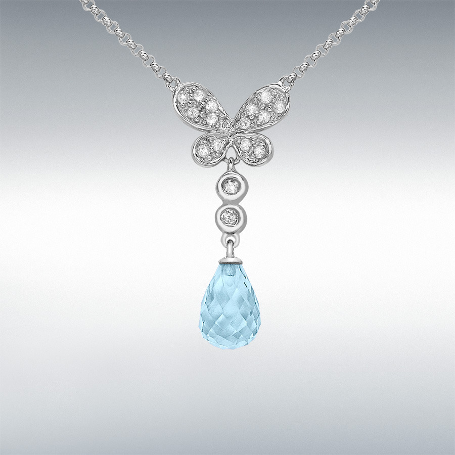 9ct White Gold 0.12ct Diamond Butterfly and Blue Topaz Drop Necklet 41cm/16"