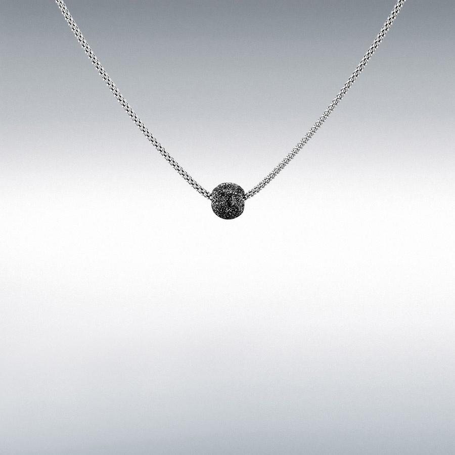 Sterling Silver Rhodium Plated 2-Tone 8mm Black Ball and Popcorn Chain Necklace 46cm/18"