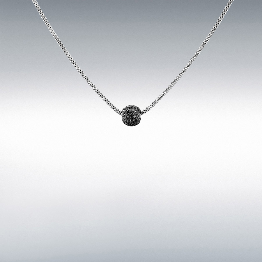 Sterling Silver Rhodium Plated 2-Tone 8mm Black Ball and Popcorn Chain Necklace 46cm/18"