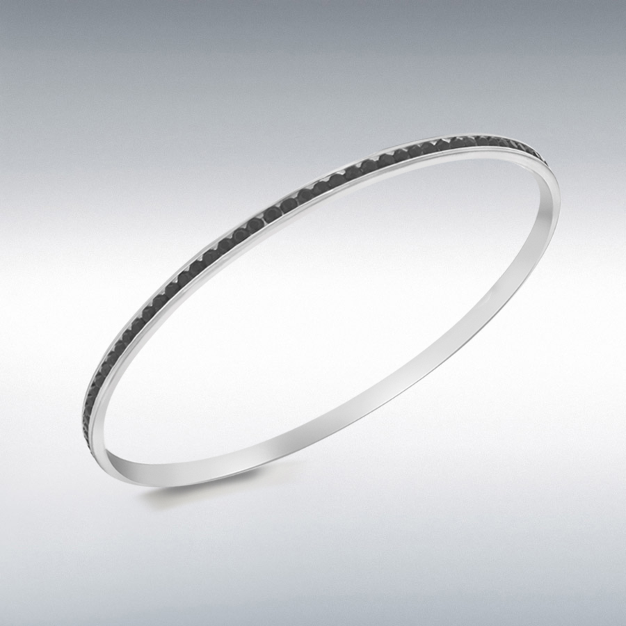 Sterling Silver Black Crystal 2mm Round Bangle