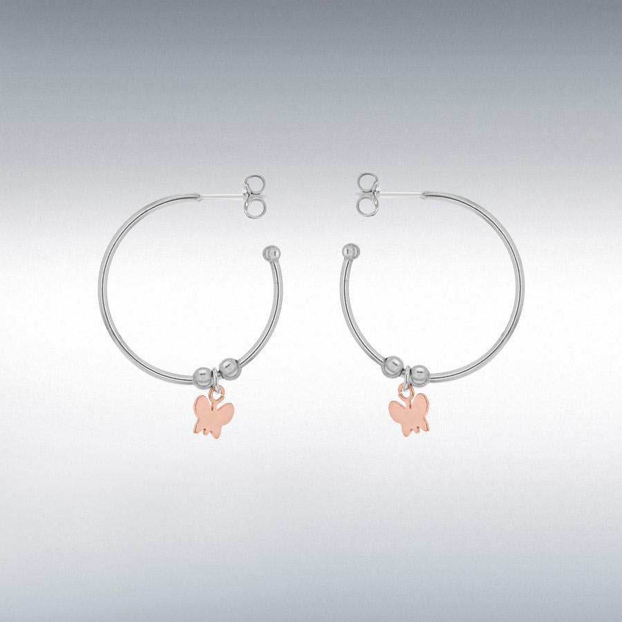 Sterling Silver 2-Tone 6.5mm x 5mm Butterfly 23mm Hoop Earrings