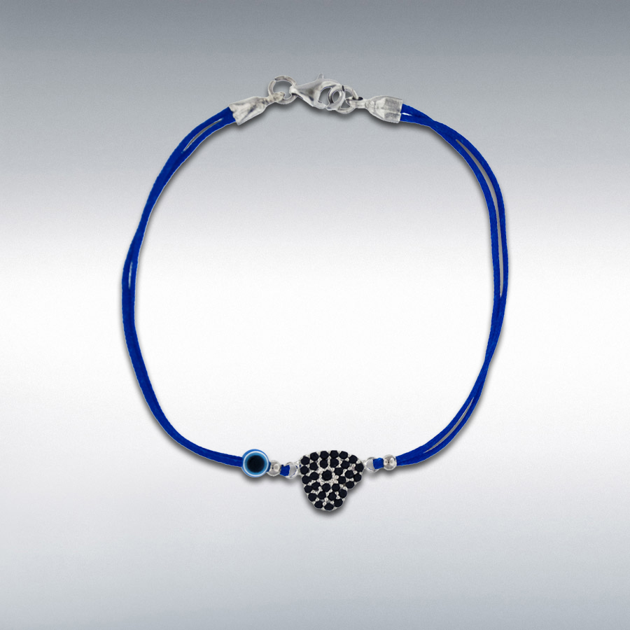 Sterling Silver Black CZ 9.5mm x 9mm Heart and Bead Blue Cord Bracelet 18cm/7''