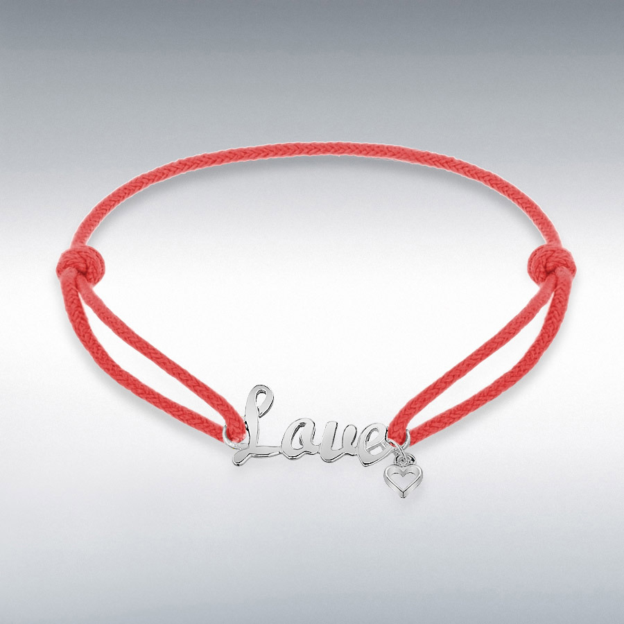 Sterling Silver Rhodium Plated Red Cord 'Love' Bracelet