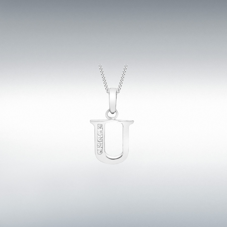 9ct White Gold CZ 7mm x 12mm 'U' Initial Pendant