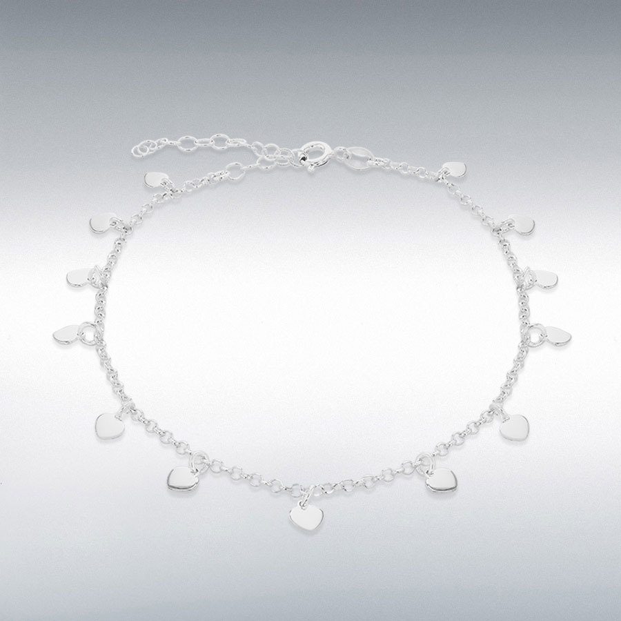 Sterling Silver 5mm x 4.5mm Dangly-Hearts Adjustable Anklet 23cm/9"-28cm/11"