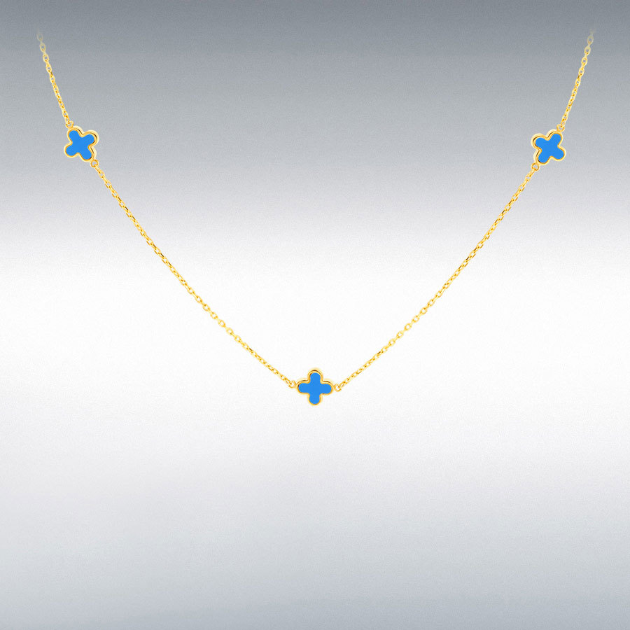 9ct Yellow Gold 3 x 6.5mm Turquoise Clover Petals Necklace 41-43cm/16-17"