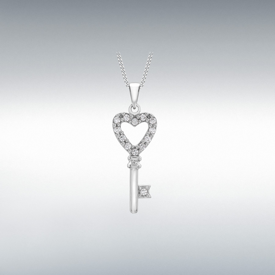 9ct White Gold CZ 9mm x 23mm Heart-Key Pendant