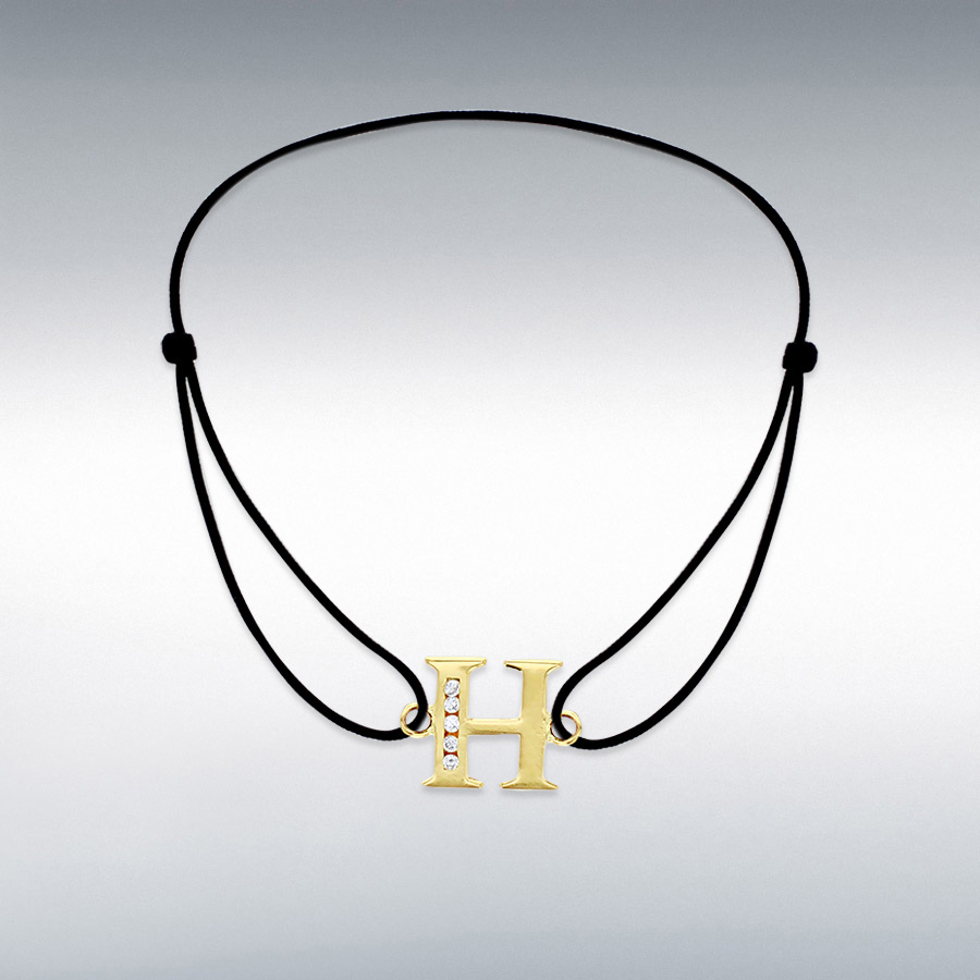 9ct Yellow Gold CZ 9.5mm x 9.5mm 'H' Initial Black Cord Adjustable Bracelet 11cm/4.5"-20cm/8