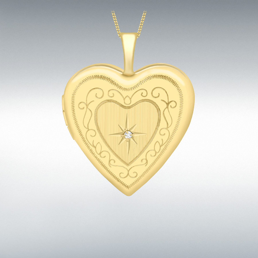 9ct Yellow Gold 0.01ct Diamond Set 20mm x 25mm Etched Heart Locket