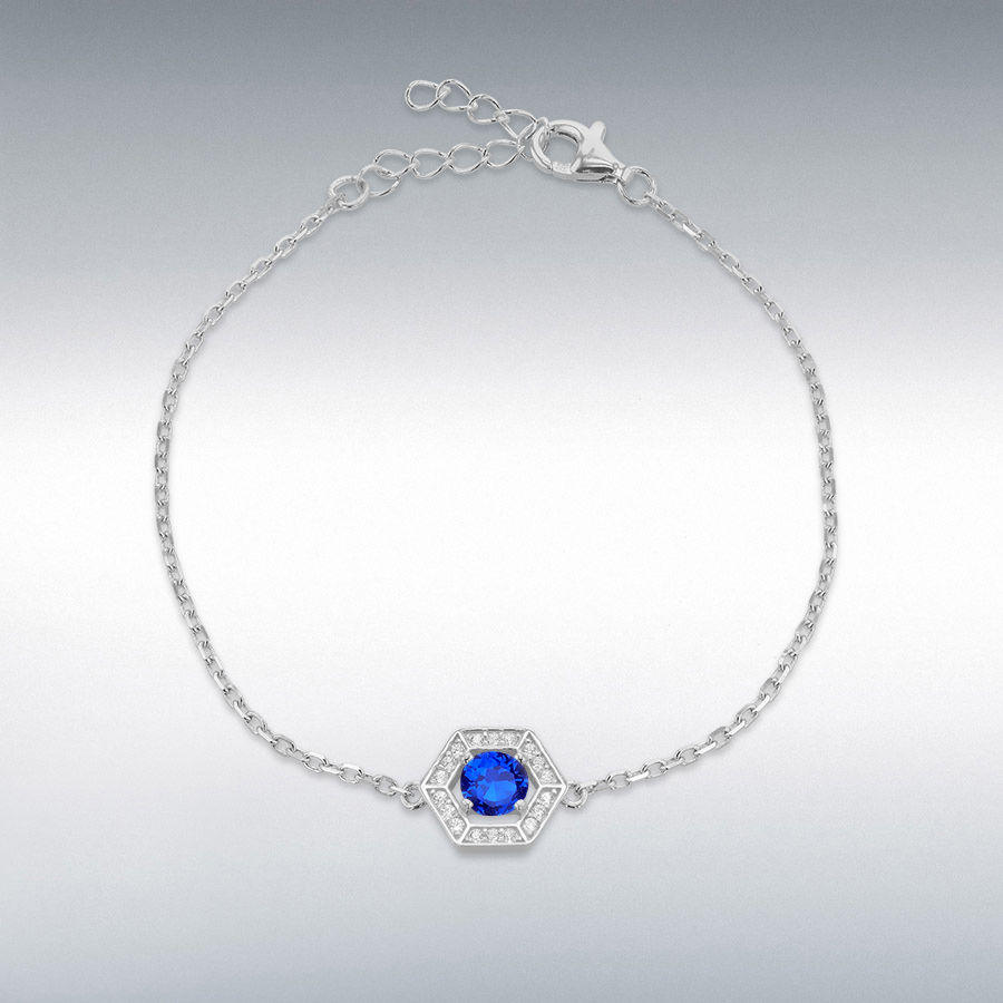 Sterling Silver Rhodium Plated 11mm x 9.5mm Round Small White CZ Halo Hexagon with 5mm Round Blue CZ Bracelet 16cm/6.25" - 19cm/7.5"