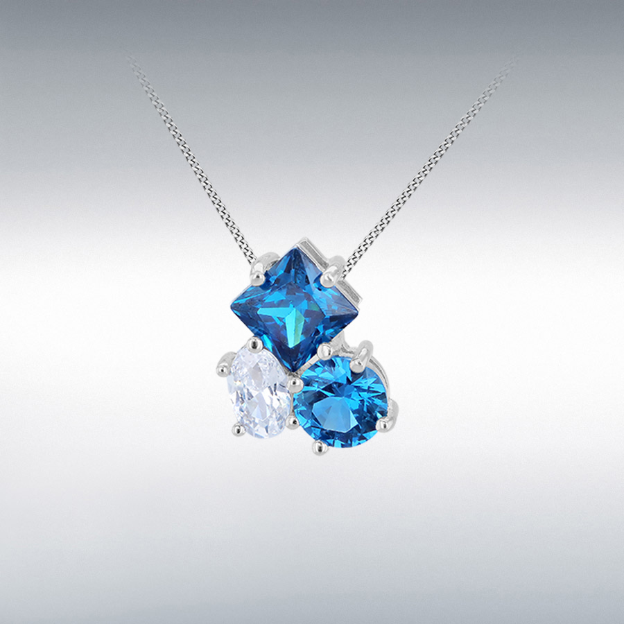 Sterling Silver Rhodium Plated White and Blue CZ 3-Stone 11.5mm x 13mm Cluster Slider Pendant