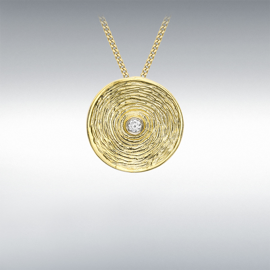 9ct Yellow Gold CZ 13.5mm Brushed Swirl Disc Pendant