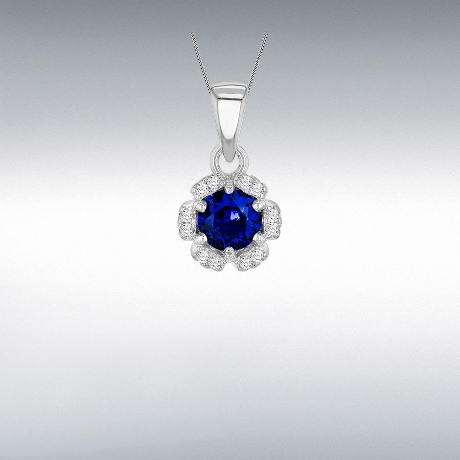 Sterling Silver Rhodium Plated 8mm Flower Petal Blue CZ Pendant