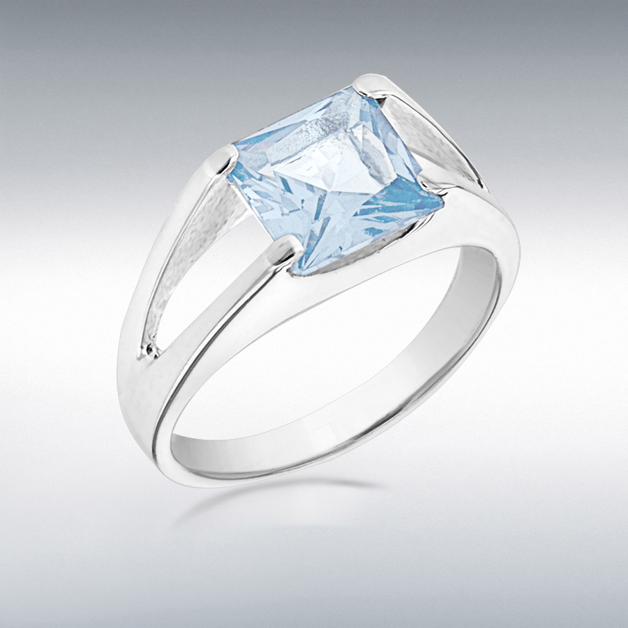Sterling Silver Blue 8mm x 8mm Square CZ Split-Shoulder Ring