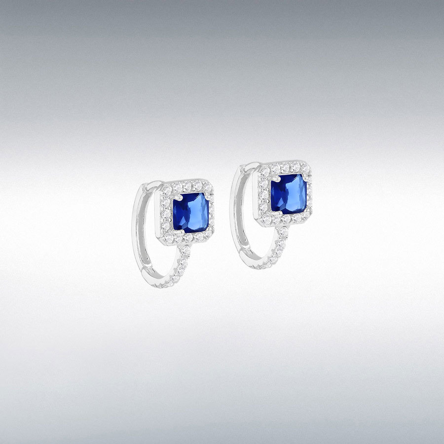 Sterling Silver White CZ and Blue Glass 6.5mm Cushion Huggy Earring