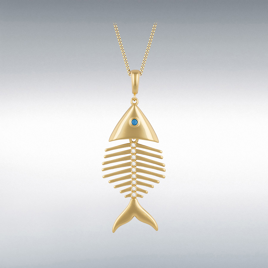 Sterling Silver Yellow Gold Plated CZ Fishbone Pendant