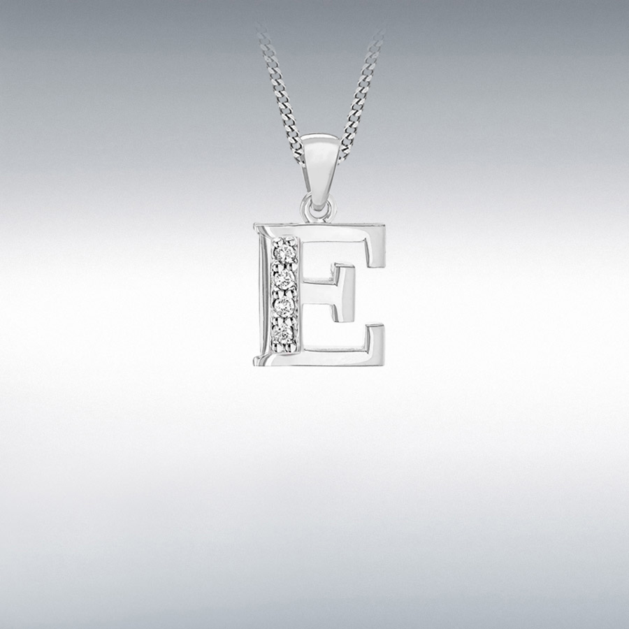 Sterling Silver Rhodium Plated CZ 9.4mm x 18.3mm 'E' Initial Pendant