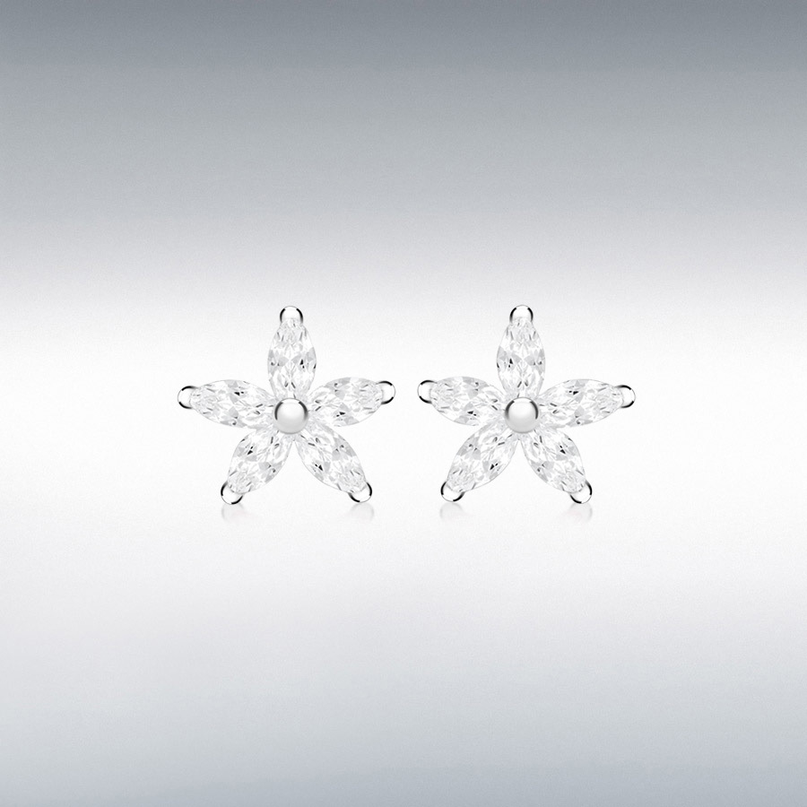 Sterling Silver White Marquise CZ 11mm x 10.5mm Flower Stud Earrings