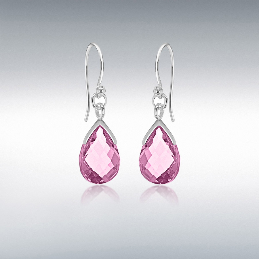 Sterling Silver Pink CZ 8mm x 29mm Teardrop Earrings