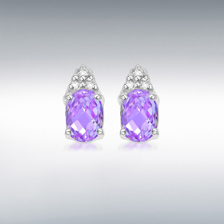 Sterling Silver White and Oval Lavender CZ 4.5mm x 8.5mm Earrings