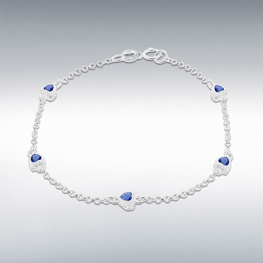 Sterling Silver Blue CZ 4.5mm x 4.5mm Side-Detail-Heart Bracelet 19cm/7.5"