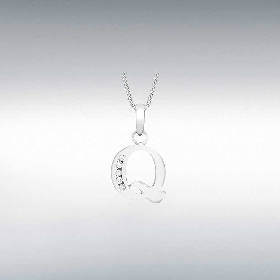 9ct White Gold CZ 10mm x 13mm 'Q' Initial Pendant