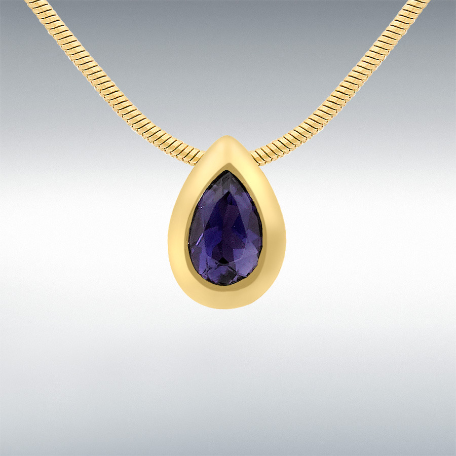 9ct Yellow Gold Iolite 6mm x 9mm Teardrop Pendant on Snake Chain Necklace 41cm/16"
