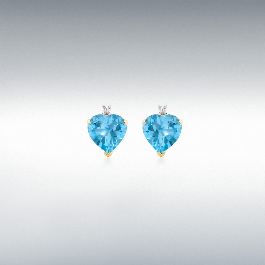 9ct Yellow Gold 0.03ct Diamond and Blue Topaz 7mm x 10mm Heart Stud Earrings 