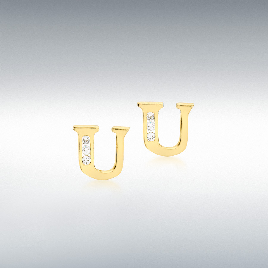 9ct Yellow Gold CZ 7mm x 7mm 'U' Initial Stud Earrings