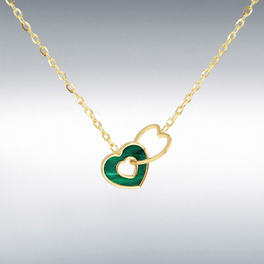 9ct Yellow Gold Linked 9mm Malachite Heart and 10mm Heart  Adjustable Necklace 39cm/15.5"-41.5cm/16.5"
