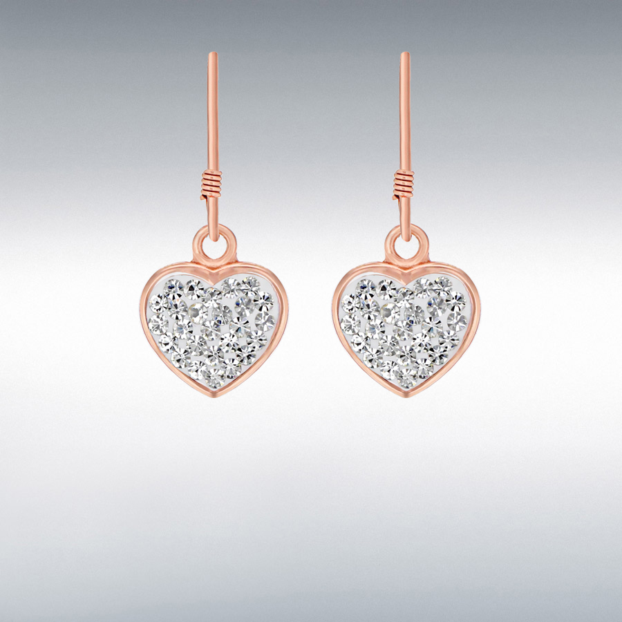 Sterling Silver Rose Gold Plated Crystal Pave 12mm x 25mm Heart Drop Earrings