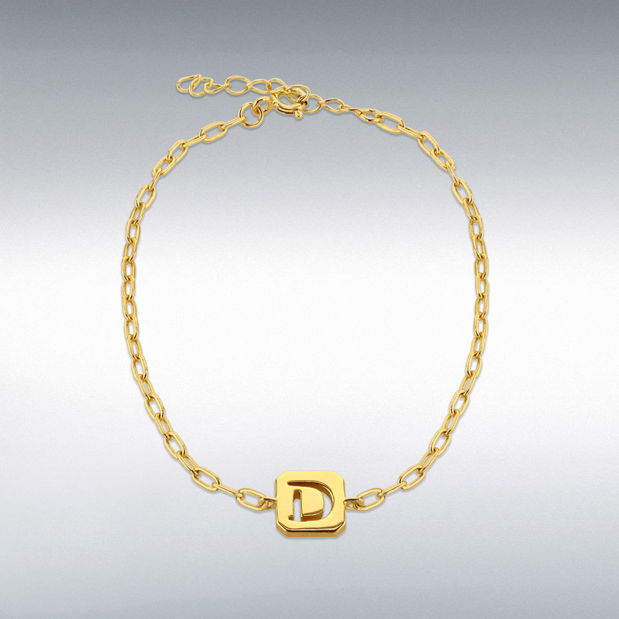 Sterling Silver Yellow Gold Plated 8mm x 9mm Initial 'D' Initial Bracelet 17cm/6.7"-20cm/8"