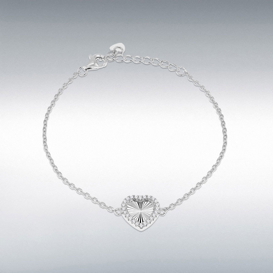 Sterling Silver Rhodium Plated 11mm Rainbow Heart and  1mm CZ Adjustable Bracelet 16cm/"-19cm/"