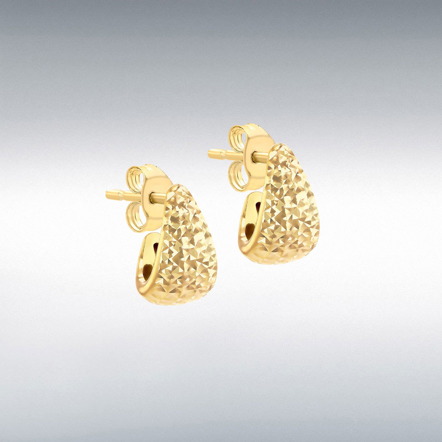 9ct Yellow Gold Diamond Cut 8.5mm x 14mm Wide J-Shape Stud Earrings