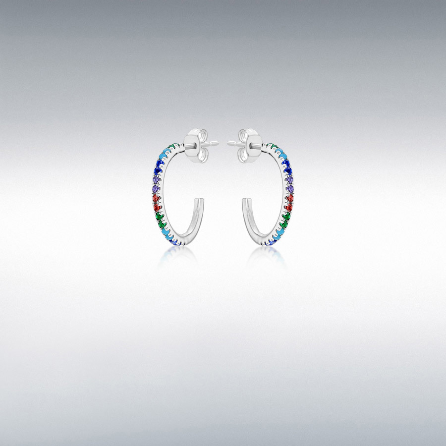 Sterling Silver Rhodium Plated 38-Stone 1.3mm Round Multi-Coloured CZ 1.6mm x 16mm Hoop Stud Earrings