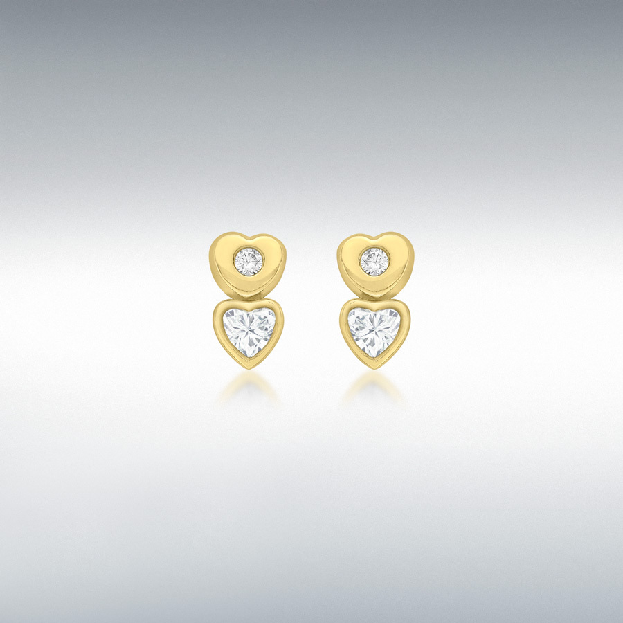 18ct Yellow Gold CZ 3.5mm x 6.5mm Double-Heart Stud Earrings
