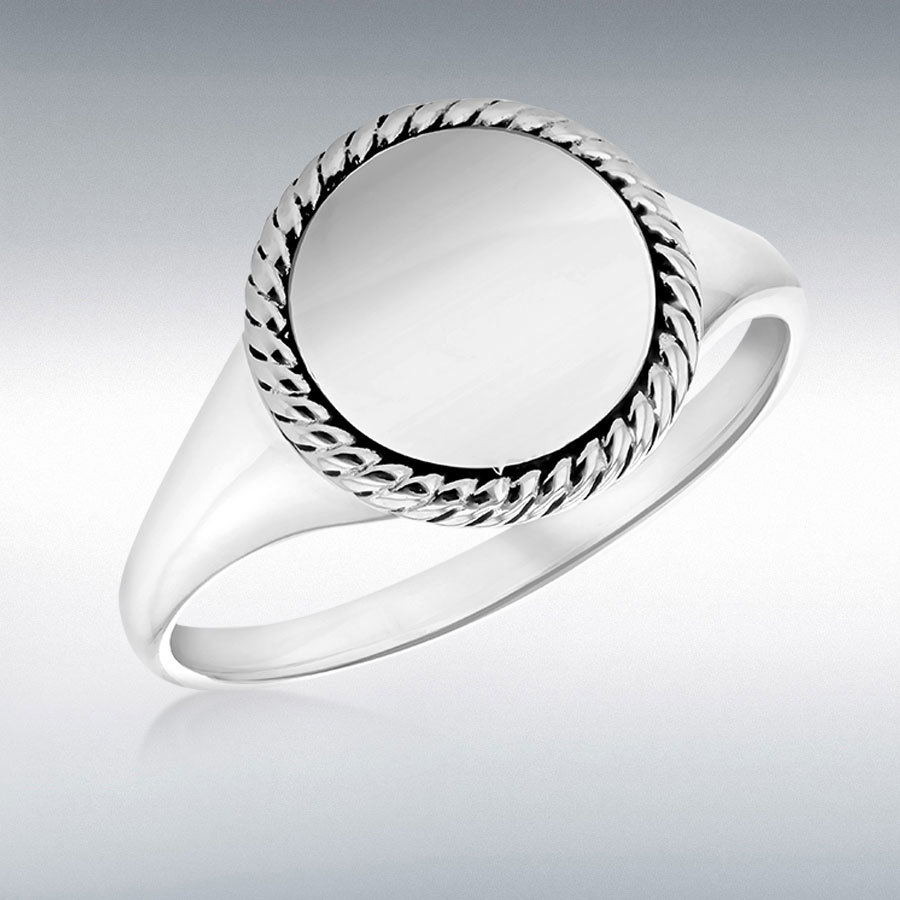 Sterling Silver Rhodium Plated 12mm Twist-Edge Round Signet Ring