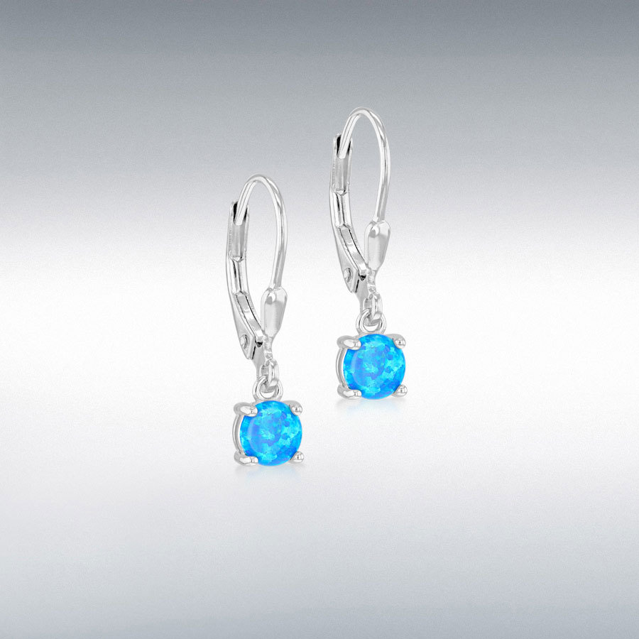 Sterling Silver Rhodium Plated 5mm Synthetic Turquoise Colour Round Opals Drop Earrings